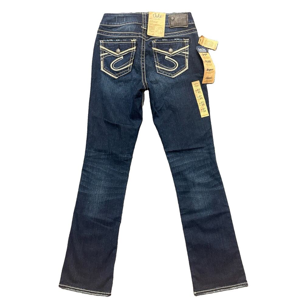 Silver Jeans Suki Mid Slim Boot Dark Indigo Contrast Stitch Snap Pocket NWT